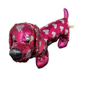Valentine Weiner Dachshund Dog Sequin Pink Silver Hearts Reverse 18in Toy Plush